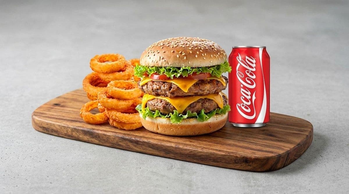 Trio #3 - Cheeseburger double + rondelles d'oignon + boisson gazeuse