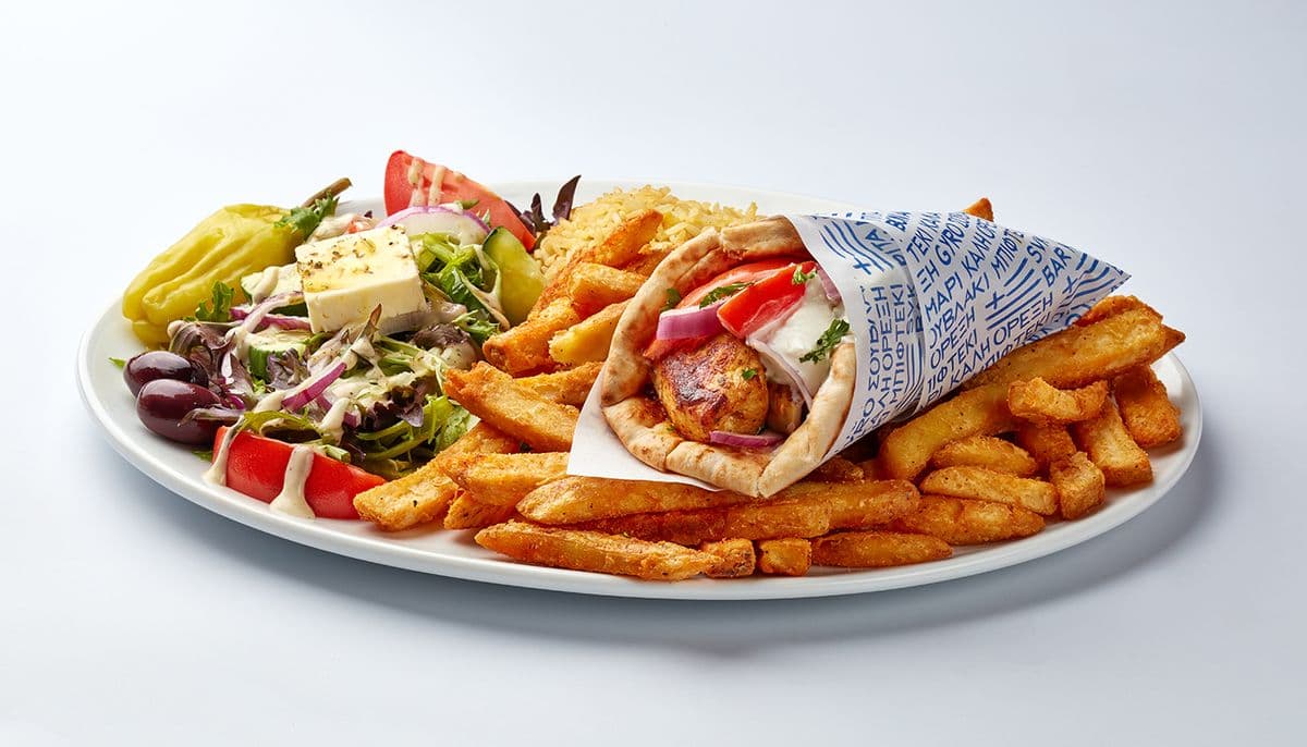 Plat de pita au souvlaki de poulet (1 mc) / Souvlaki Chicken Pita Plate (1 pc)