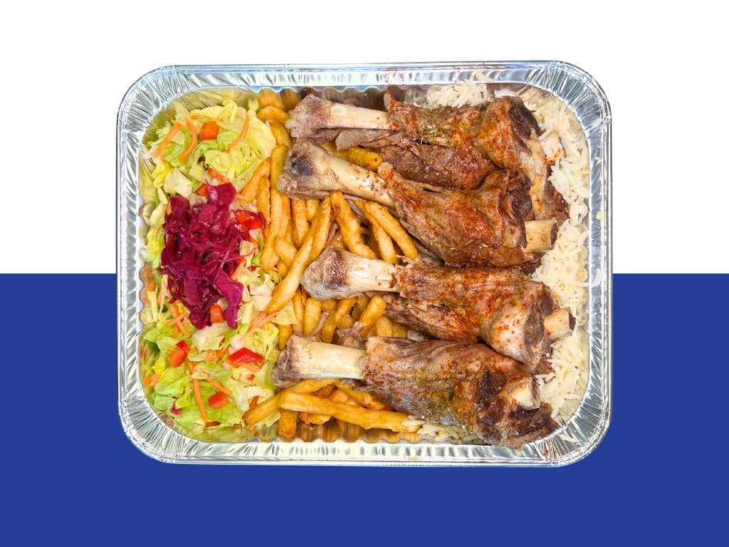 LAMB LOVERS PLATTER, 4 Lamb Shanks, 3 Large Sides, and 4 house made rolls