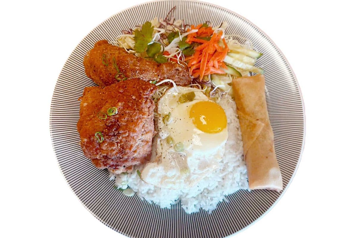 Fried Chicken with Spring roll, Salad, Egg on rice