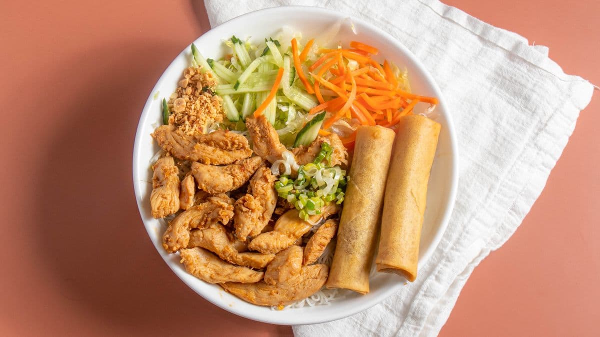 V2. Sate Chicken and Spring Rolls on Vermicelli