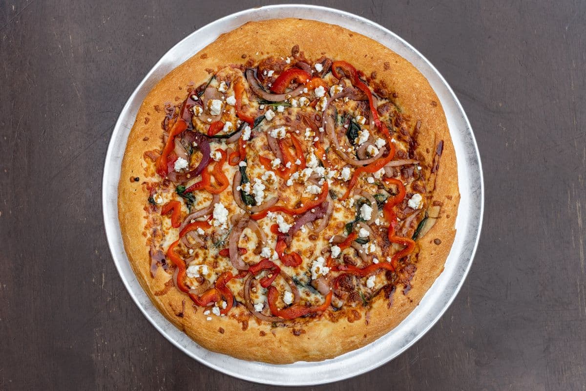 Medium Roasted Veggies and Goat Cheese Pizza