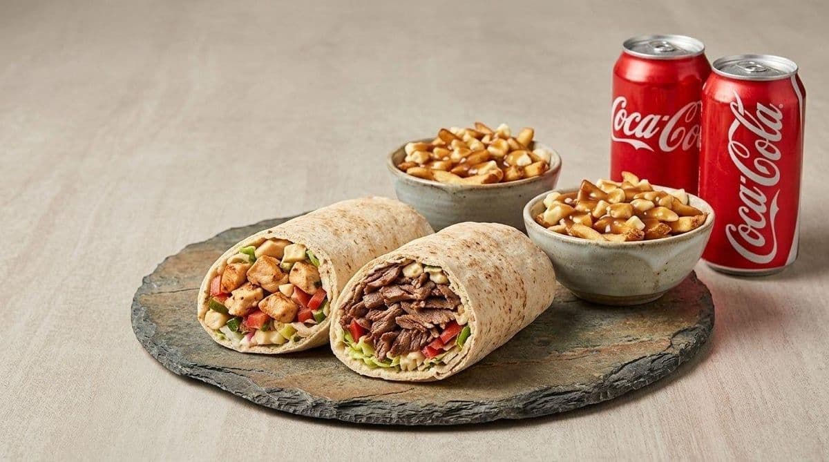 Trio #10 â 2 pitas Shish Taouk, Shawarma ou Gyros + 2 mini poutines + 2 breuvages