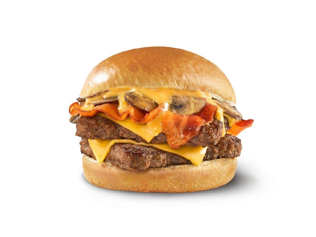 Hamburger bacon champignons Portabella fromage fondu (double) / Bacon Portabella Mushroom Melt (Double) (Cals: 950)
