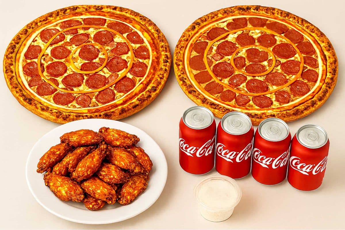 Two Large Three Toppings Each, Wings (14 pcs), Four Pops, and One Dip
