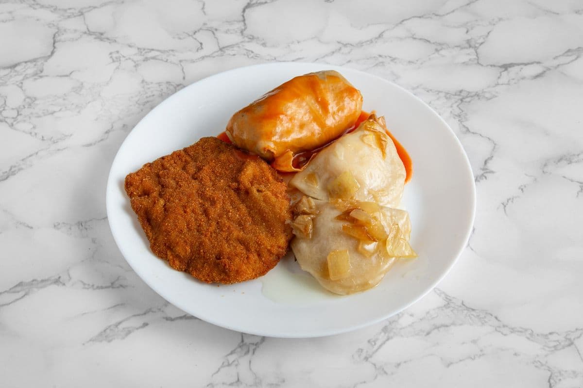 #5B 1 Schnitzel, 1 Cabbage Roll, & 2 Perogies