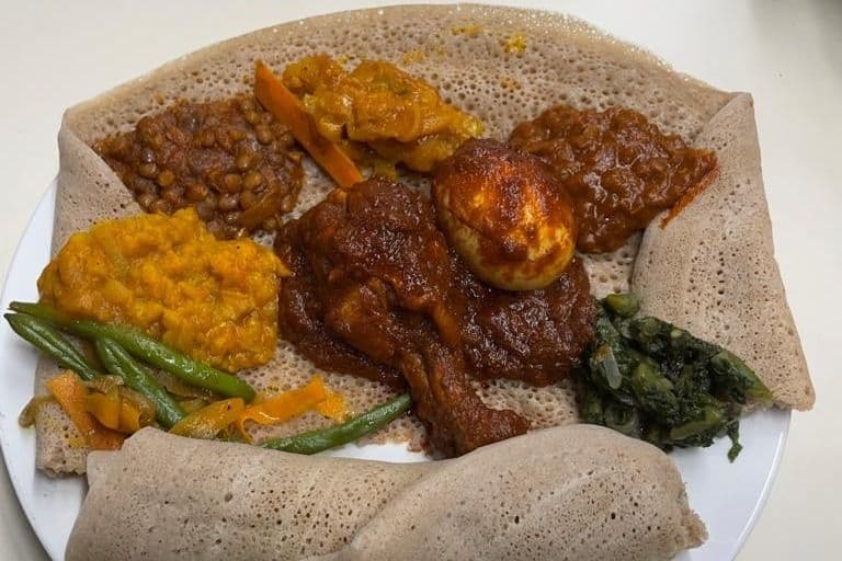 Injera Vegetable Combo with Doro Wot