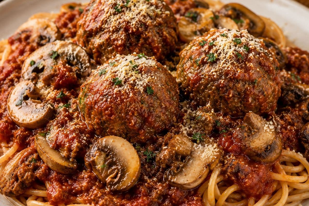 Spaghetti with meatballs and mushrooms