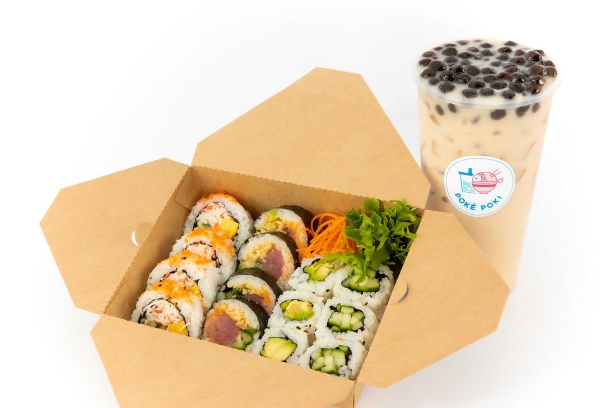 Sushi Combo 1 et Signature Thé au Lait avec perles de tapioca (14 Mcx) / Combo 1 Sushi and Signature Milk Tea with tapioca pearls (14 Pcs)
