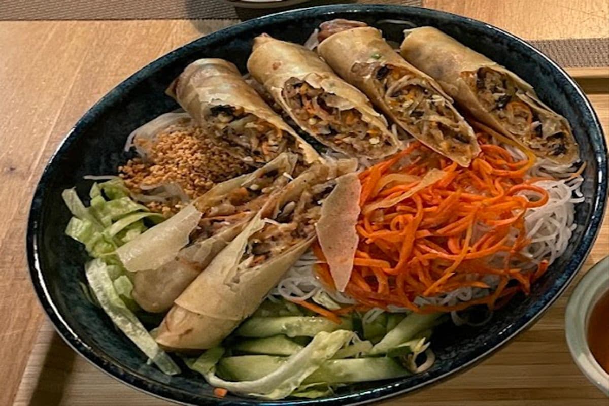 Noodle Bowl with Fried Spring Rolls