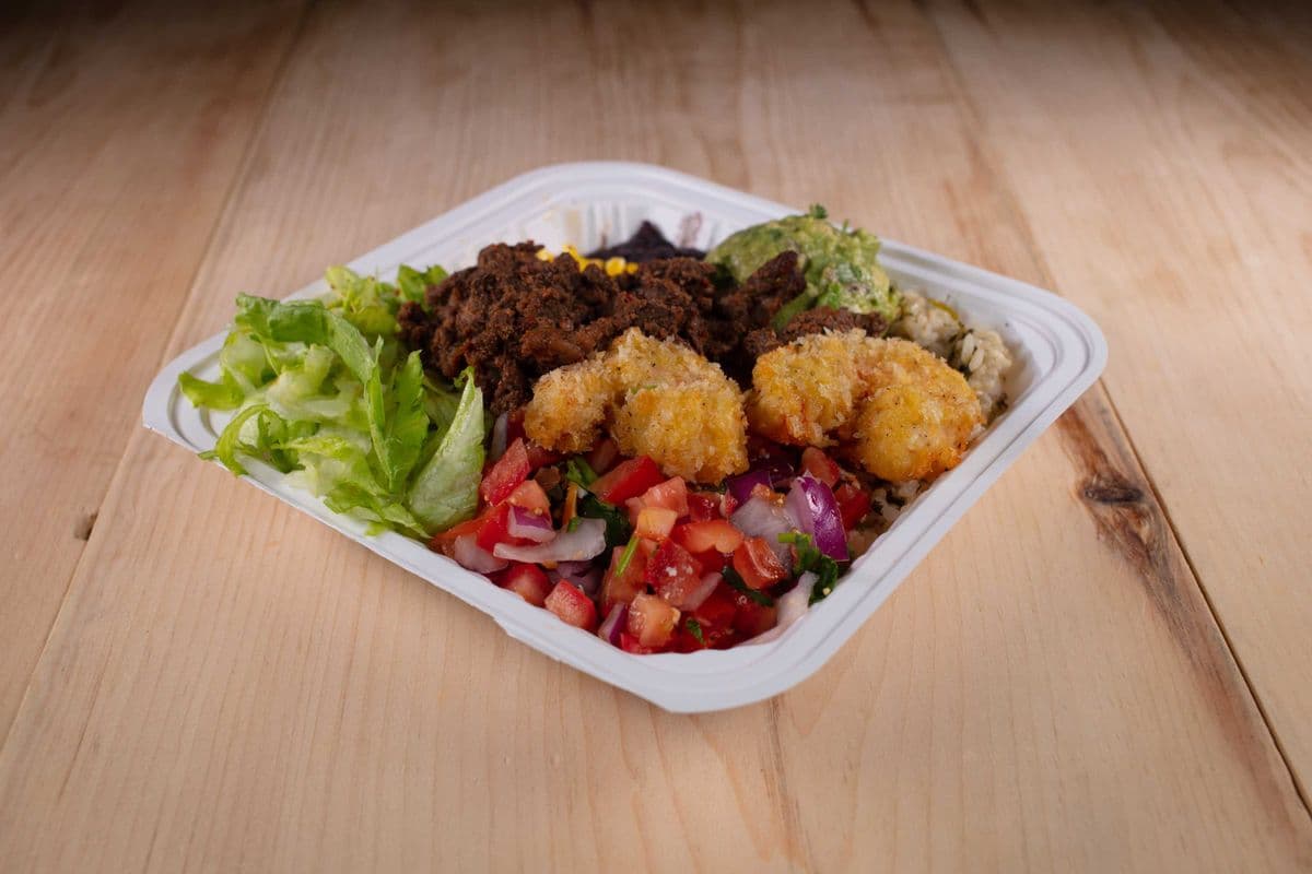 Steak and Crunchy Fried Shrimp Bowl