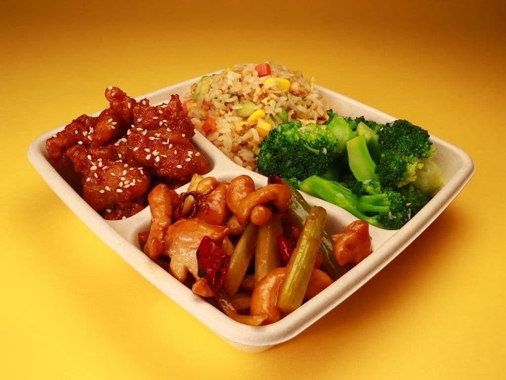 TWO ENTRÉE + RICE + VEG MEAL