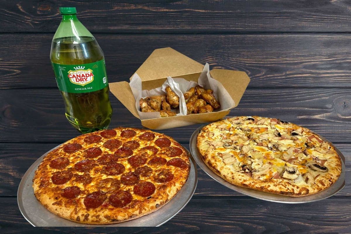Family Deal(2 Medium 12" Classic Pizza + Full Wings (2 Flavors) +Cheese Bread + Dipping Sauces + 2Lt. Bottle of Pop OR Dessert)