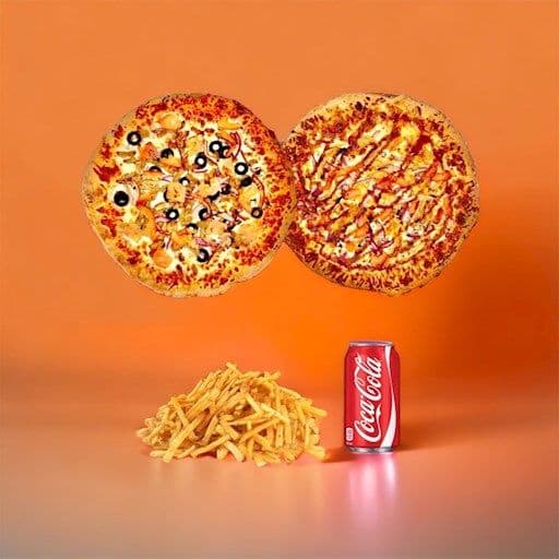 Promotion 13:Inclus 2 pizzas 10 po (choix de 3 ingrédients), 1 petite frite, et 1 breuvage