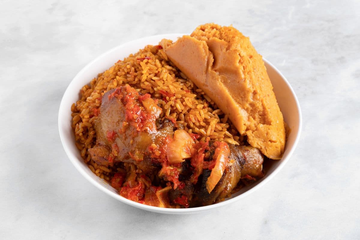 Jollof Rice, Meat, and Topping