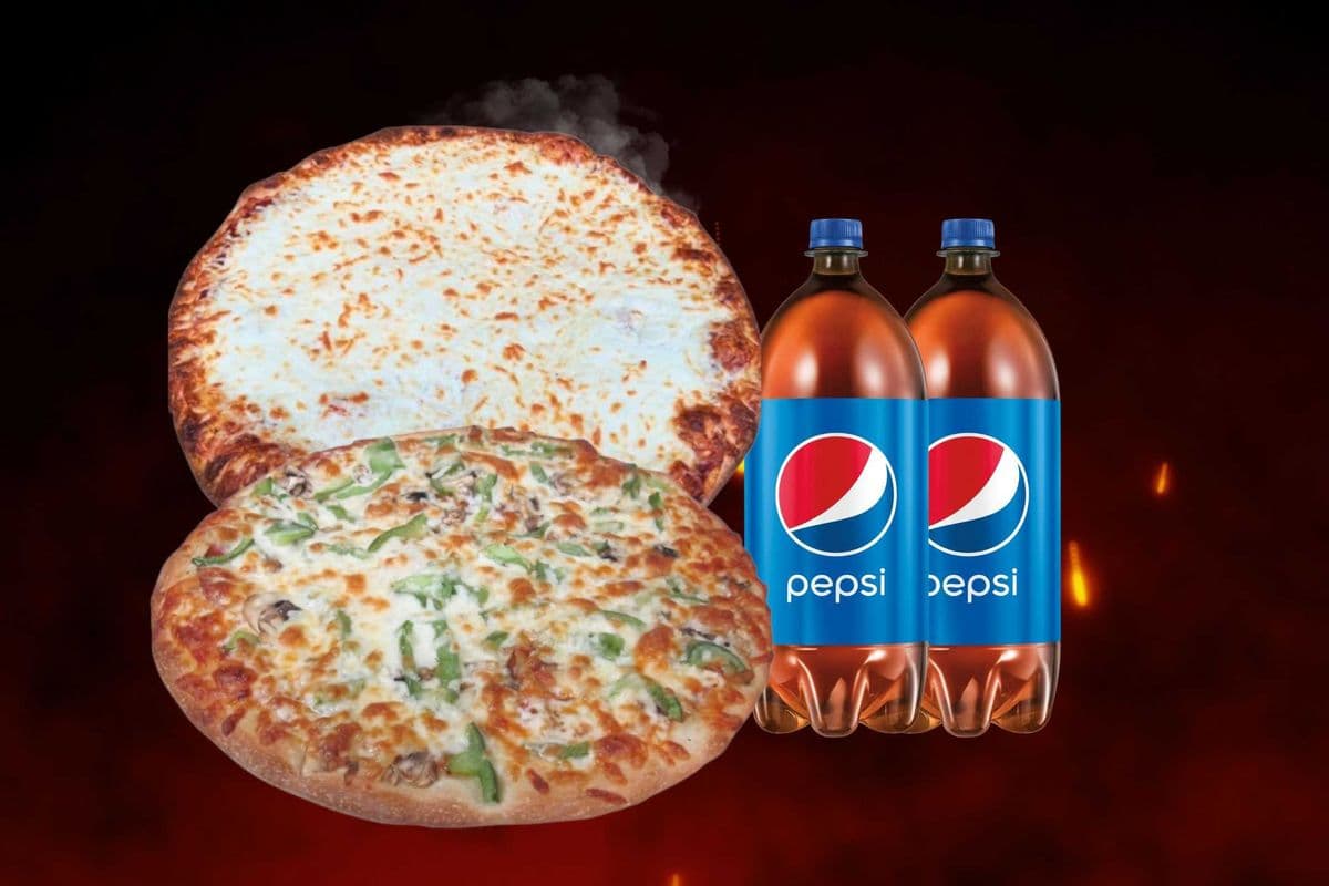 Two Medium Three-Topping Pizzas with Two Drinks