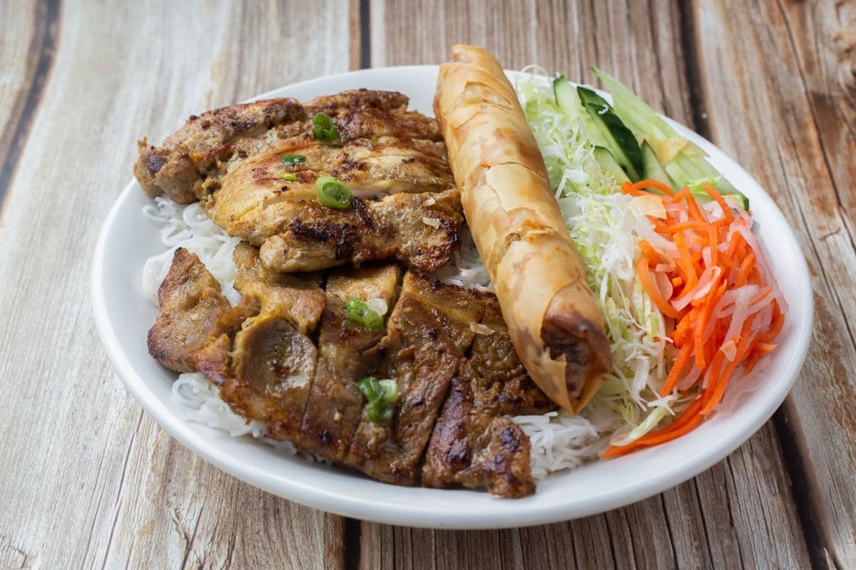 57.Grilled Chicken, Pork Chop, & Spring Roll on Vermicelli (Bún Gà, Thịt, Chả Giò)