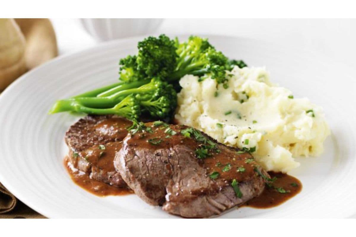 Steak, Mashed Potato, Salad, and Pop