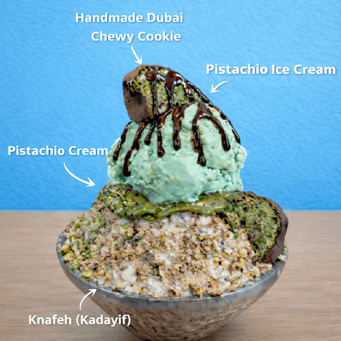 Hot in Korea 2026. Dubai Pistachio Bingsu (with Dubai Chewy Cookie) / 두바이 피스타치오 빙수 (두쫀쿠 포함) / 迪拜开心果刨冰(含迪拜软糯曲奇)