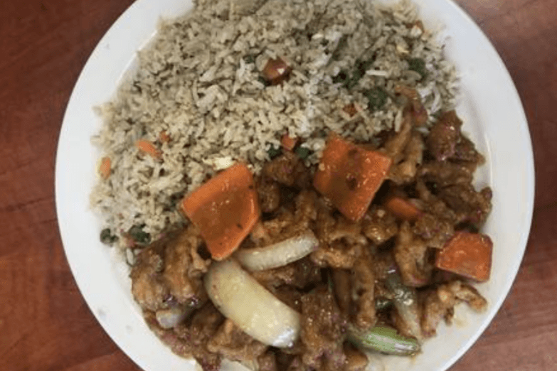 B19. Beef and Broccoli and Sweet-and-Sour Chicken with Fried Rice