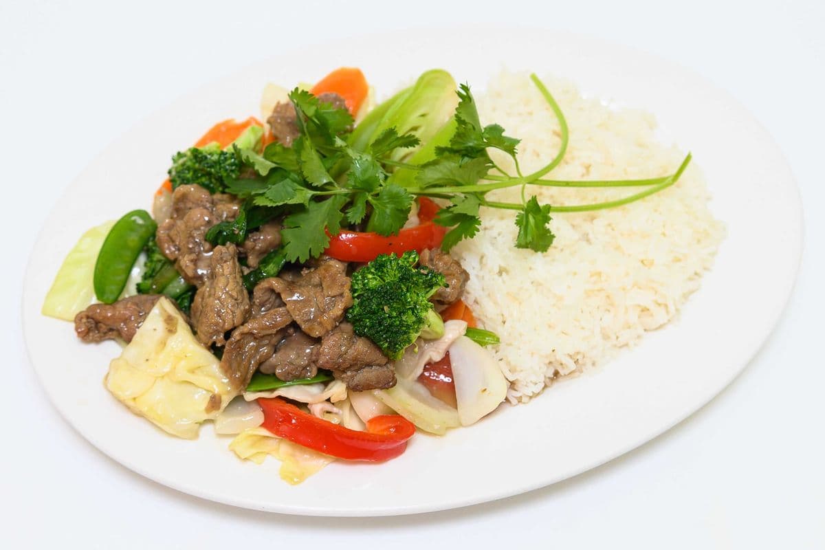 80. Stir-Fried Beef and Vegetables on Steamed Rice