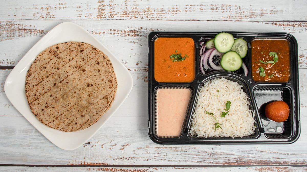 Chicken Thali -3 Curries,2 Roti, Rice, Salad, Sweet