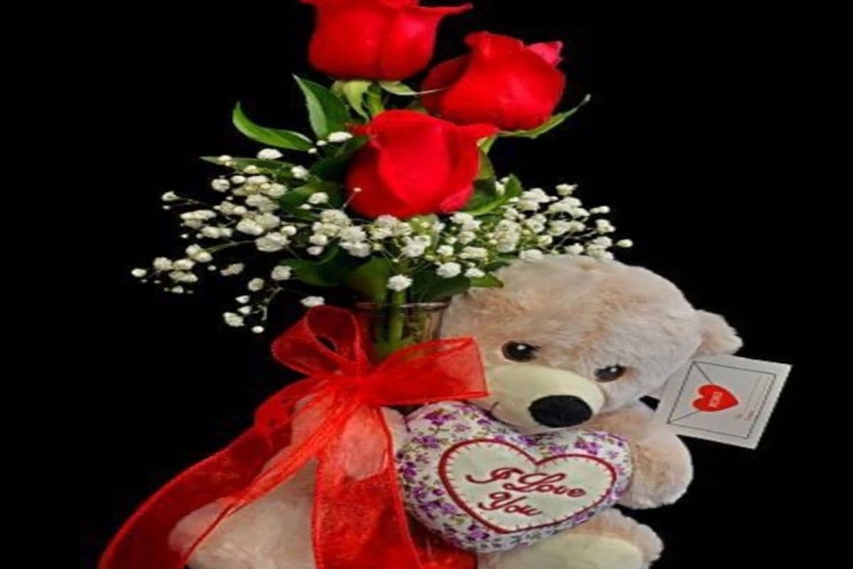 Three Roses in a Vas with a Teddy Bear $85