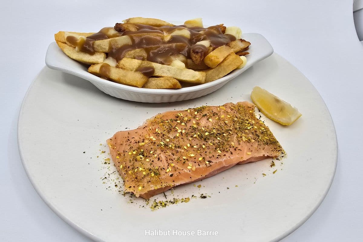 Grilled Atlantic Salmon with Poutine