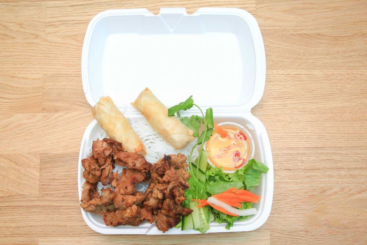 19. Vermicelli with Grill Pork or Grill Chicken and Egg Rolls - Bún Thịt Chả Giò