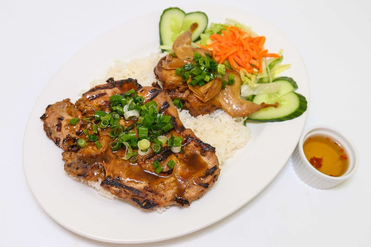 70. Grilled Pork Chop and Deep-Fried Quail on Steamed Rice