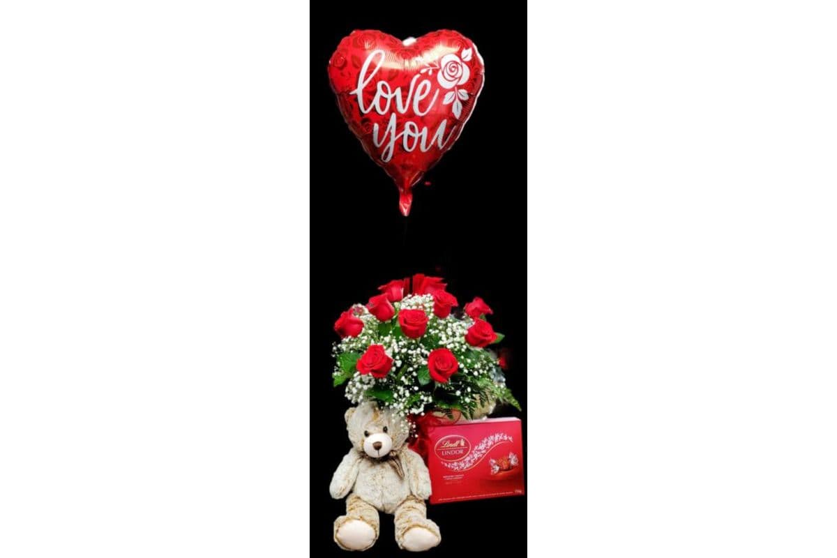 One Dozen Roses, Teddy Bear, Chocolates, and Mylar Balloon