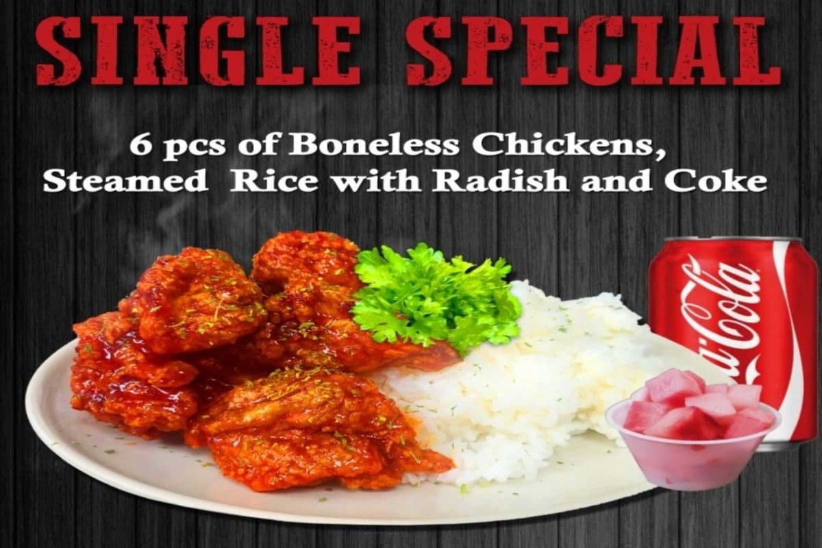 Single Special 6-7 pcs of boneless chicken with rice, radish and free pop