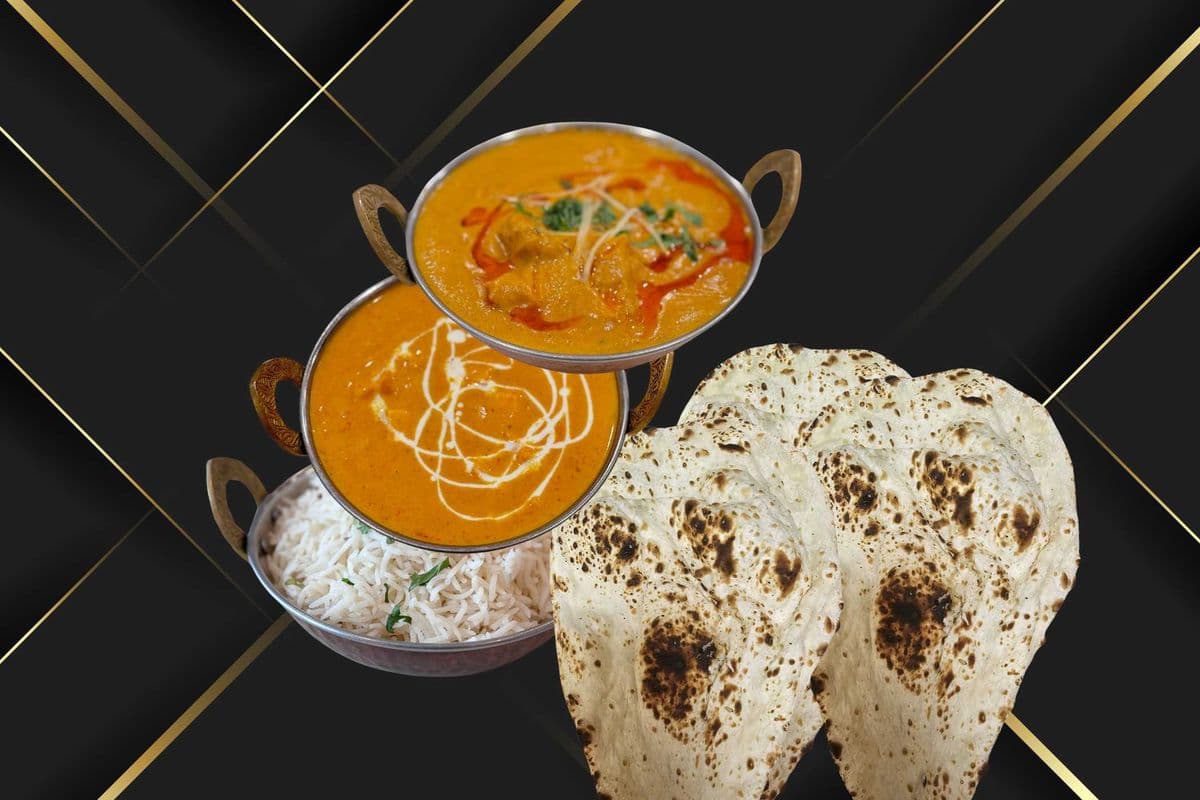 Malai Kofta, Shahi Paneer, Rice, and Three Pieces of Naan