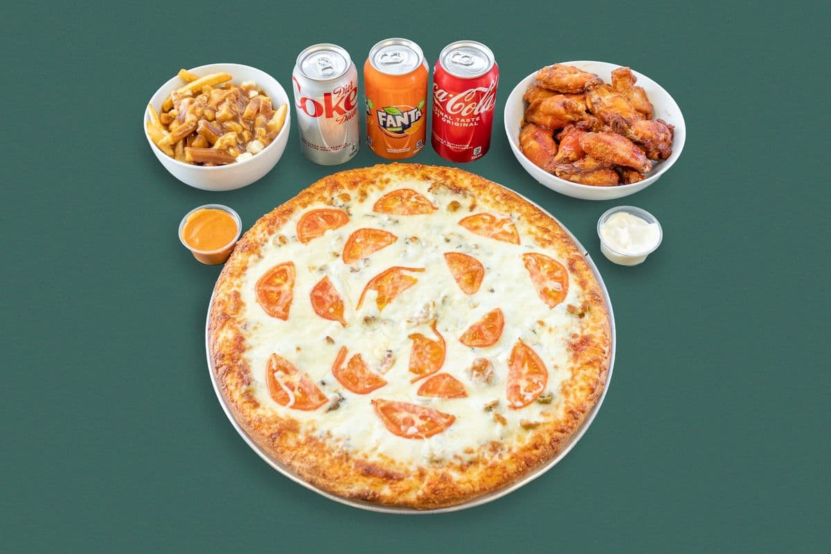 Large Three-Topping Pizza, Wings or Chicken Shawarma Poutine, Pop and Dips