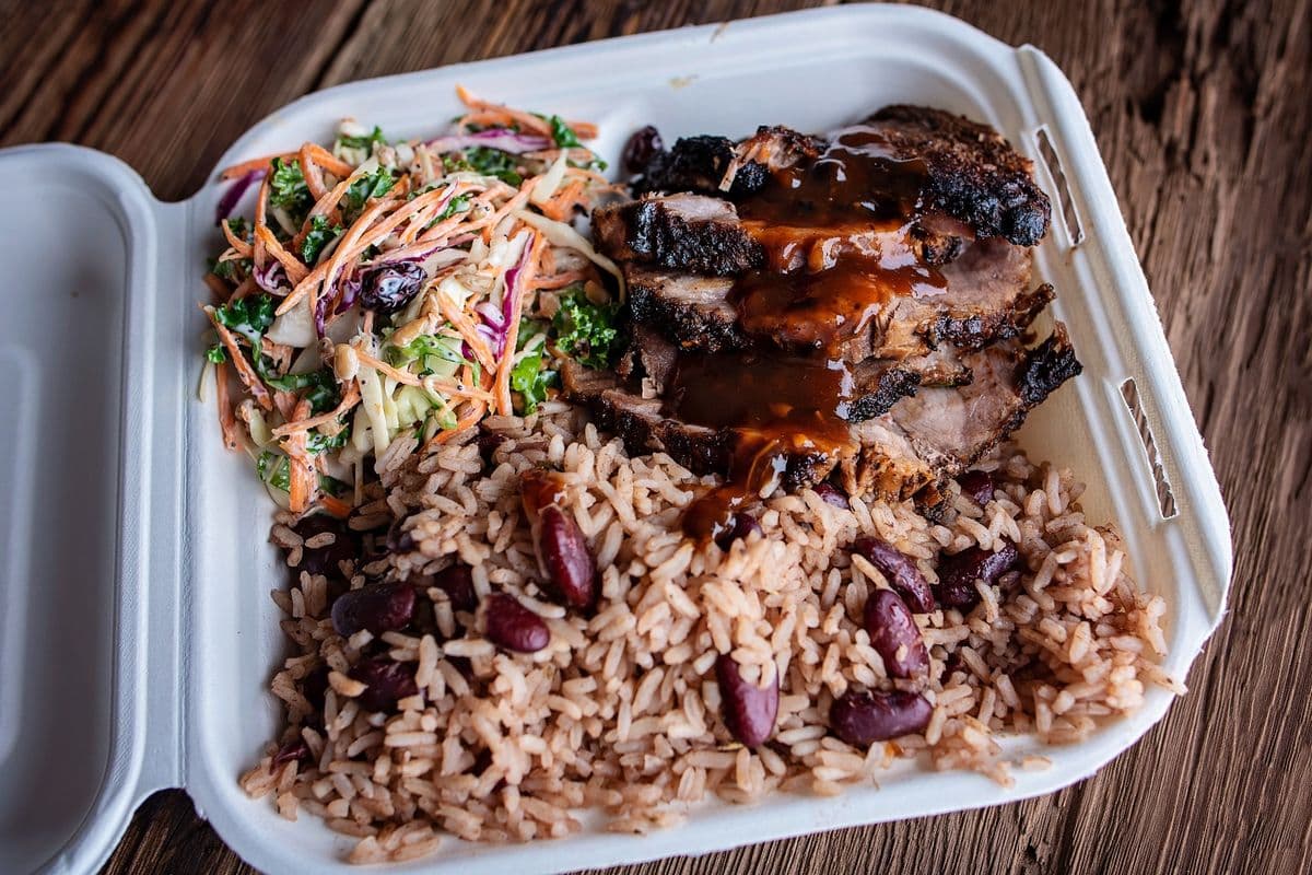 Jerk Pork with Kale Slaw, Rice and Peas