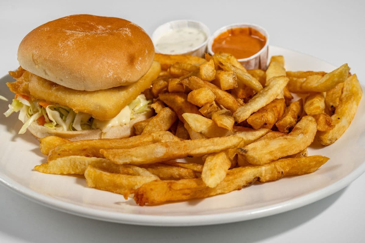 Halibut Fish Burger and Chips