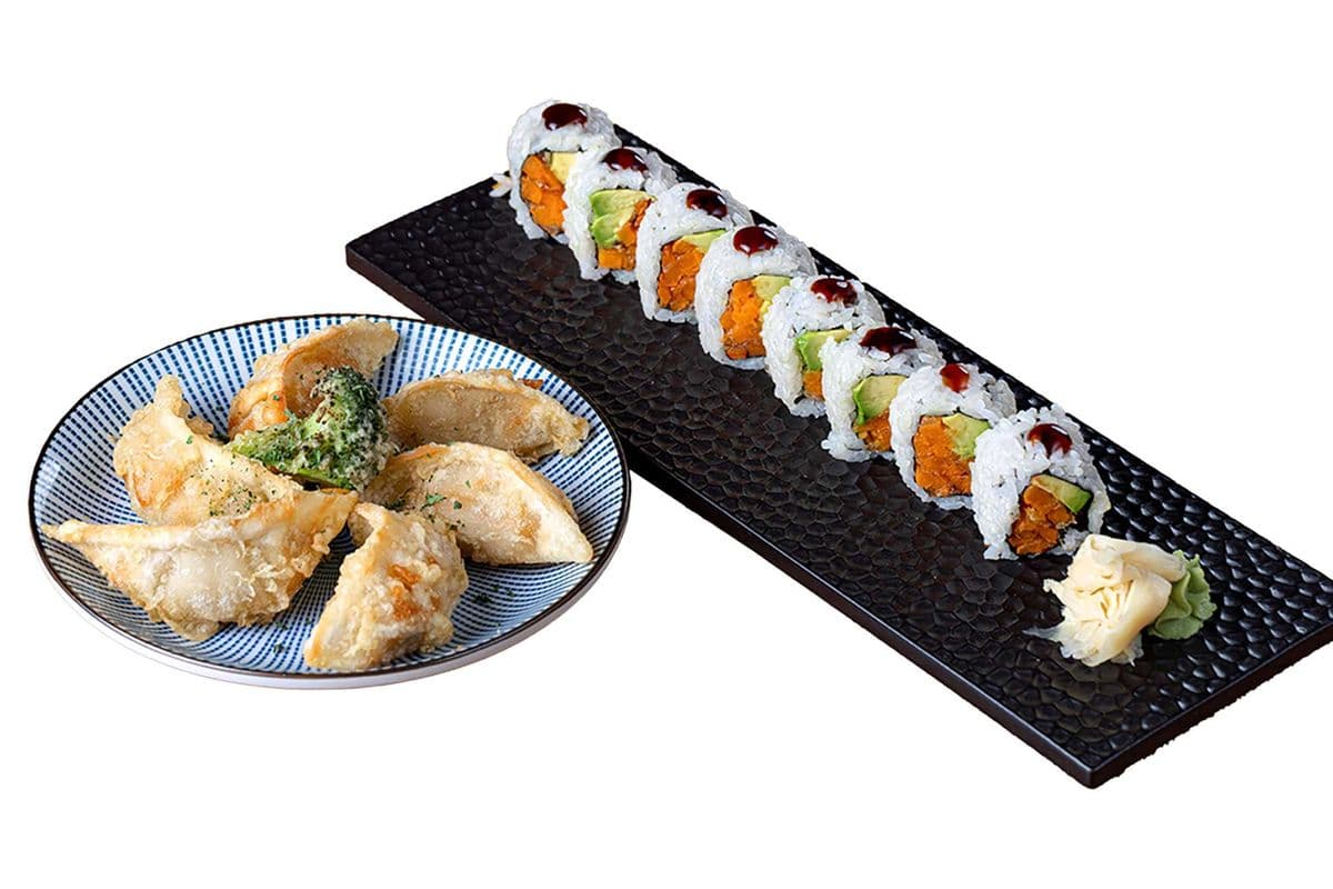 Yam and Avocado Roll (8 pcs) and Vegetable Gyoza (6 pcs)