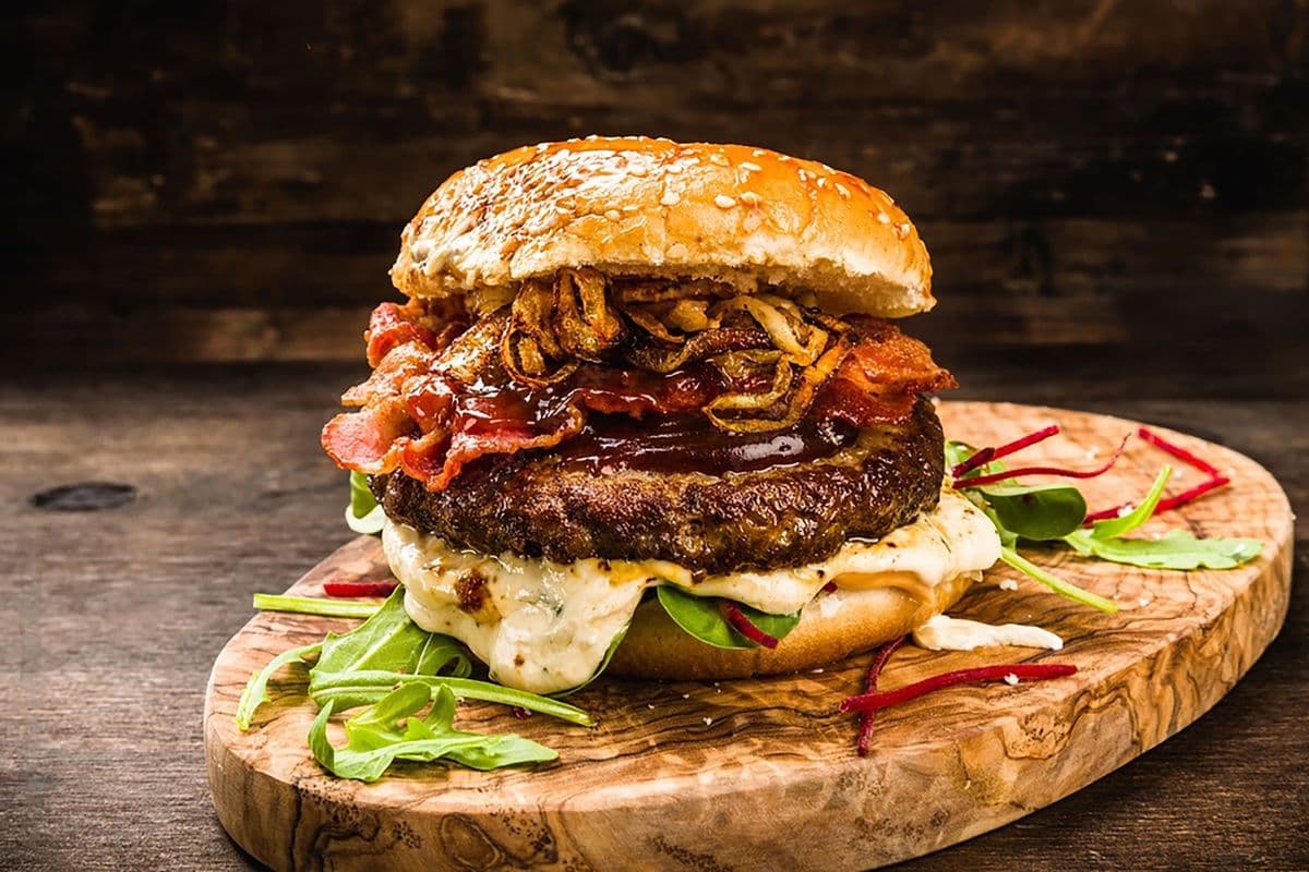 Fried Jalapeno cheese bacon burger with fries