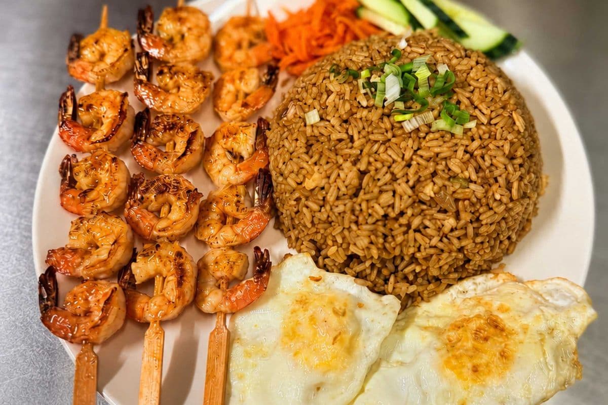 Shrimp Skewer Combo (3 skewers, 2 eggs, fried rice, cucumber, pickled carrots)