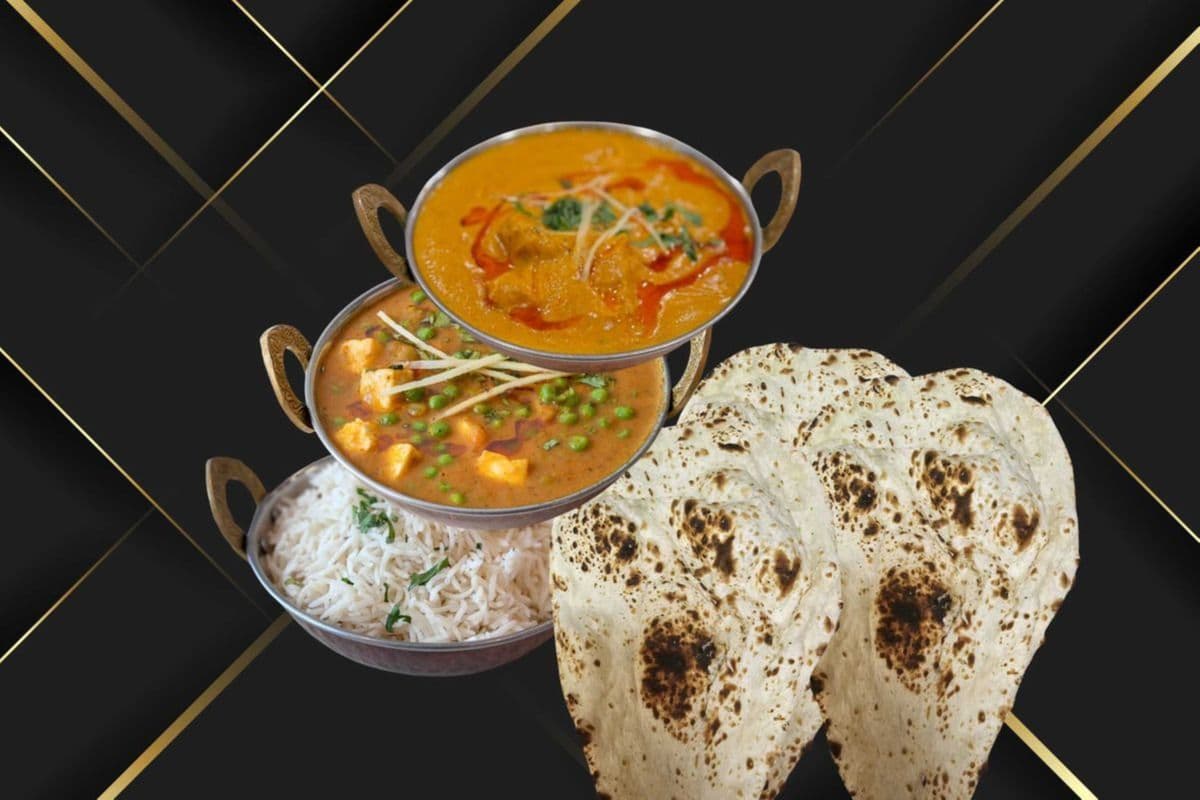 Malai Kofta, Mattar Paneer, Rice, and Three Pieces of Naan