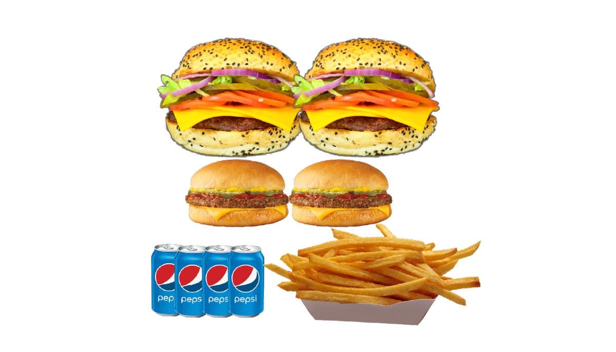 Repas familial #1 (2 x cheeseburgers, 2 x cheeseburgers enfants, 1 x frites fam, 4 x boissons)