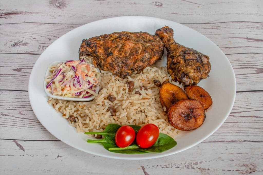 Jerk Chicken, Rice & Peas with Coleslaw
