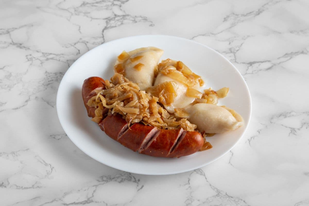 #7 1 Sausage, Sauerkraut, & 3 Perogies