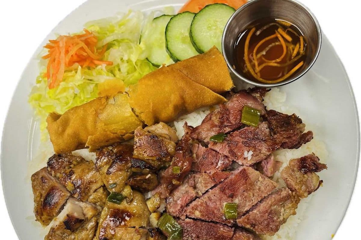 54. Rice, Chicken, Pork, and Spring Roll