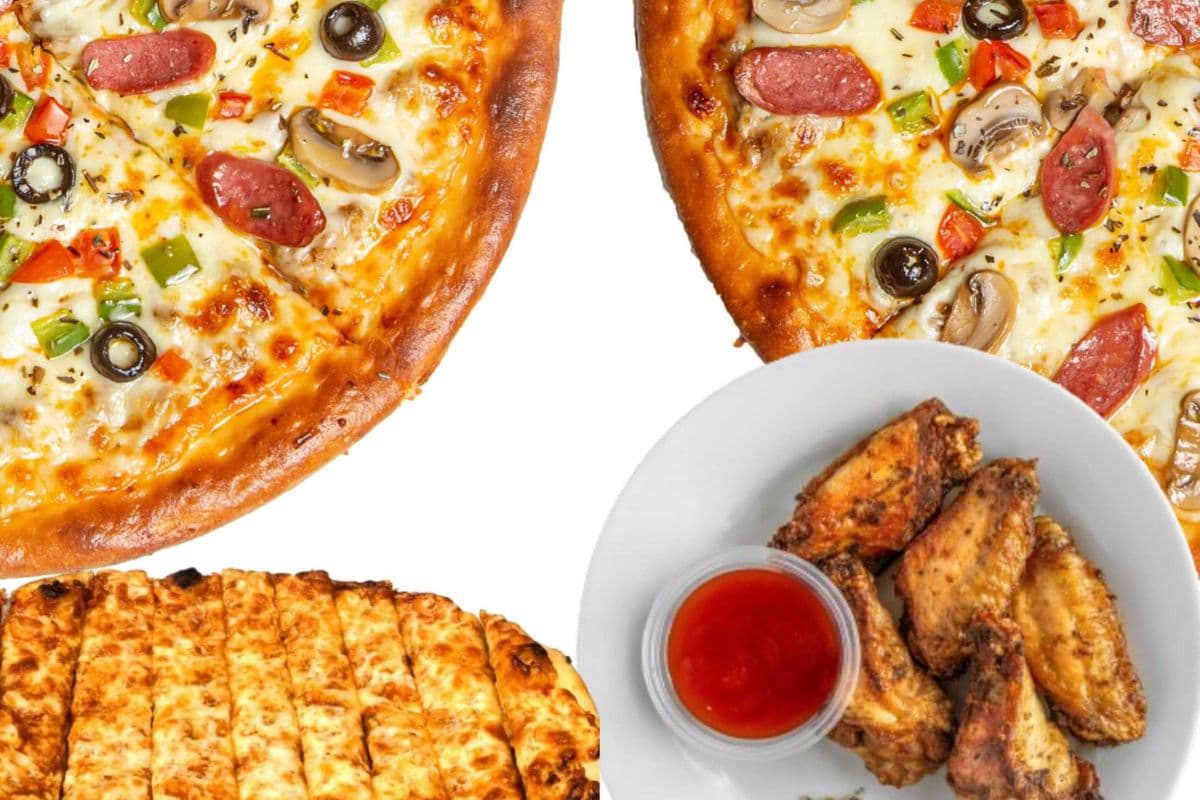 Two Medium Three-Topping Pizzas with wings and Side Breads