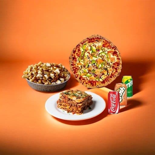 Promotion 16:Inclus 1 grande lasagne, 1 grande poutine, 1 pizza 10 po (choix de 3 ingrédients), et 3 breuvages
