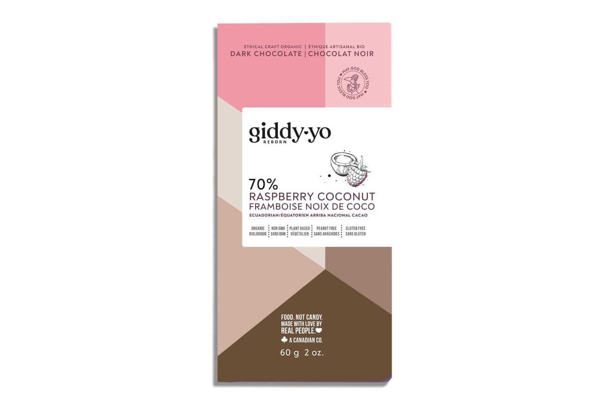 RASPBERRY COCONUT 76% DARK CHOCOLATE, BOX OF 20 x 60g BARS, ORGANIC & VEGAN. FREE OF PEANUTS, DAIRY, GLUTEN, SOY (Box of 20 - 60g bars)