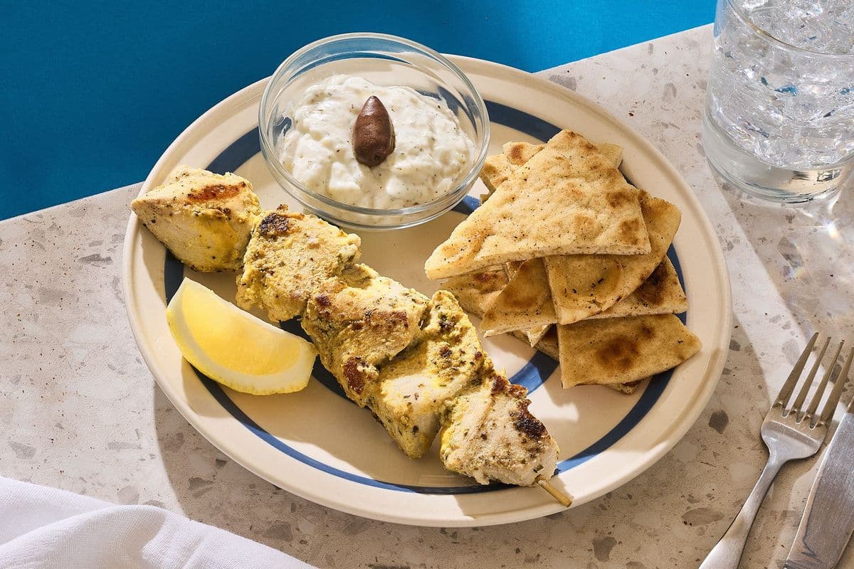 Souvlaki Skewer with Pita Bread and Tzatziki