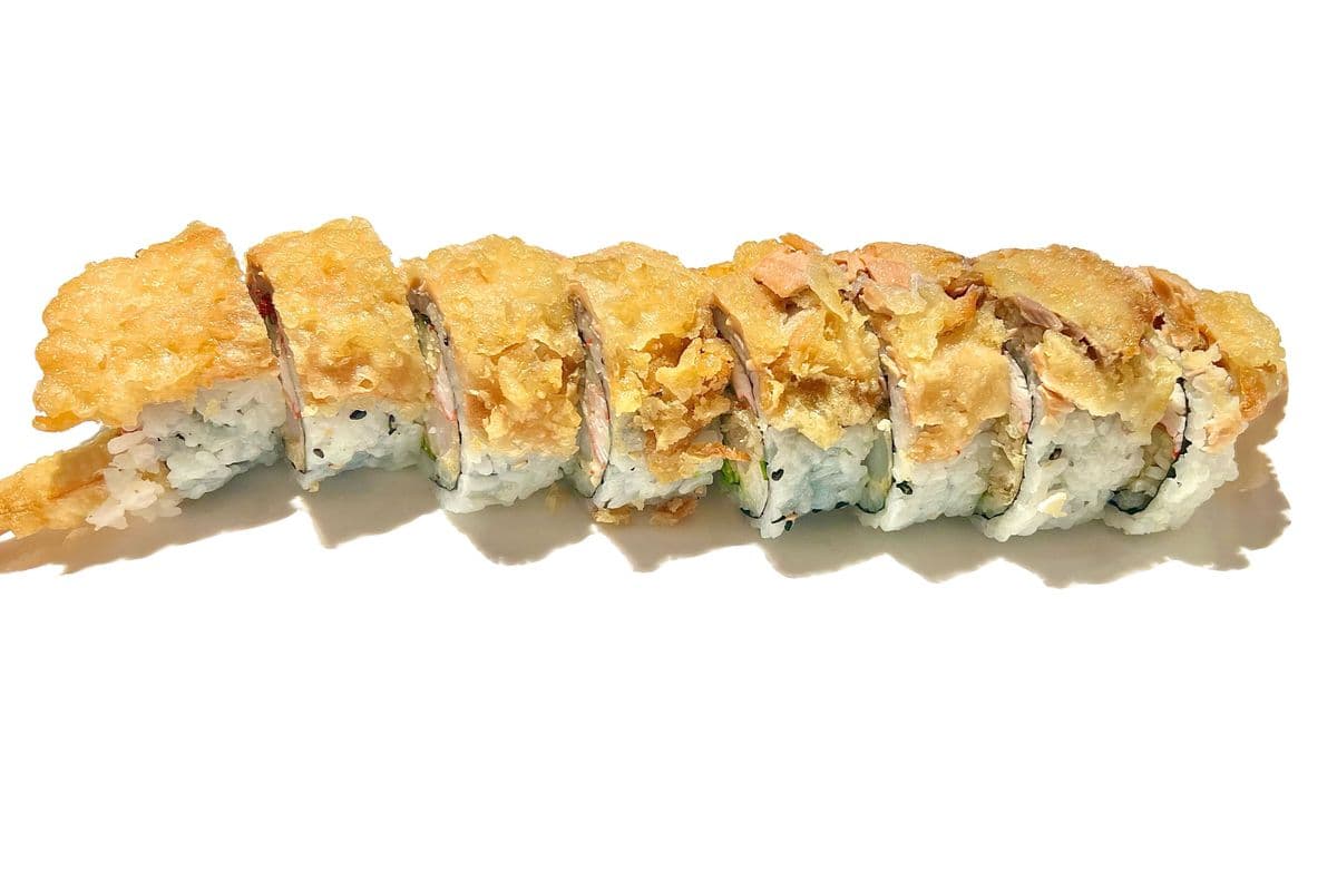 Salmon Skin Dragon Roll (Salmon Skin on top)