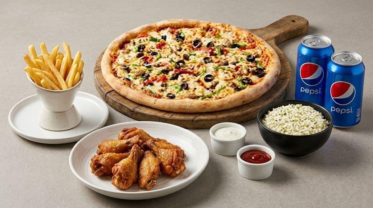 Combo #8 â Pizza Large + 20 ailes ou 25 croquettes + 4 canettes de Pepsi